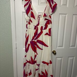 NWT Nine West White and Pink Leaf Print Maxi Dress